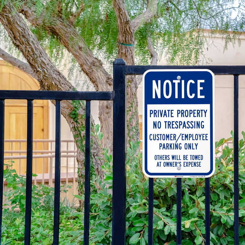 SmartSign 18 x 12 inch “Notice - Private Property No Trespassing, Customer/Employee Parking Only” Metal Sign, 63 mil Aluminum, 3M Laminated Engineer Grade Reflective Material, Blue and White, USA-Made 12" x 18"