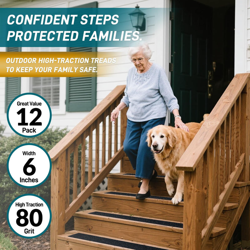 6" x 30" Anti Slip Traction Treads Tape (12-Pack), Pre-Cut Grip Tape for Stair Steps Outdoor, Waterproof Black Non Slip Stair Treads for Floor Safety, Easy to Install 6" x 30" 12