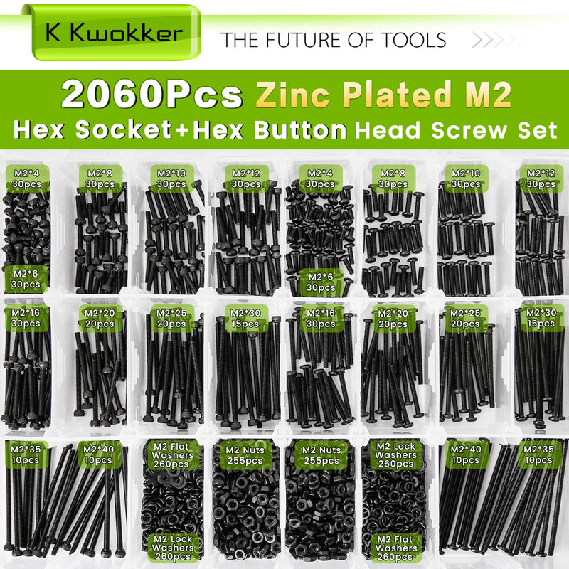 [Australia - AusPower] - 2060 x M2 Screw Kit 4MM to 40MM, M2 Socket Head Screws & Button Head Screws, Upgraded Zinc Plated Screws Assortment Kit w/Nuts and Bolts, Washer and Lock Washers, Black Machine Screw A. M2 Hex Socket & Button Screw Set 