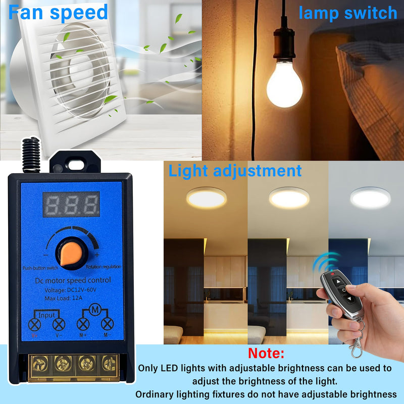 Wireless DC Motor Remote Control Switch,DC 12V-60V 12A M29B Motor Speed Controller Remote Control Switch,Wireless Remote Switch with 100 ft Range,Suitable for Various DC Motors,Lighting Fixtures,Fan.