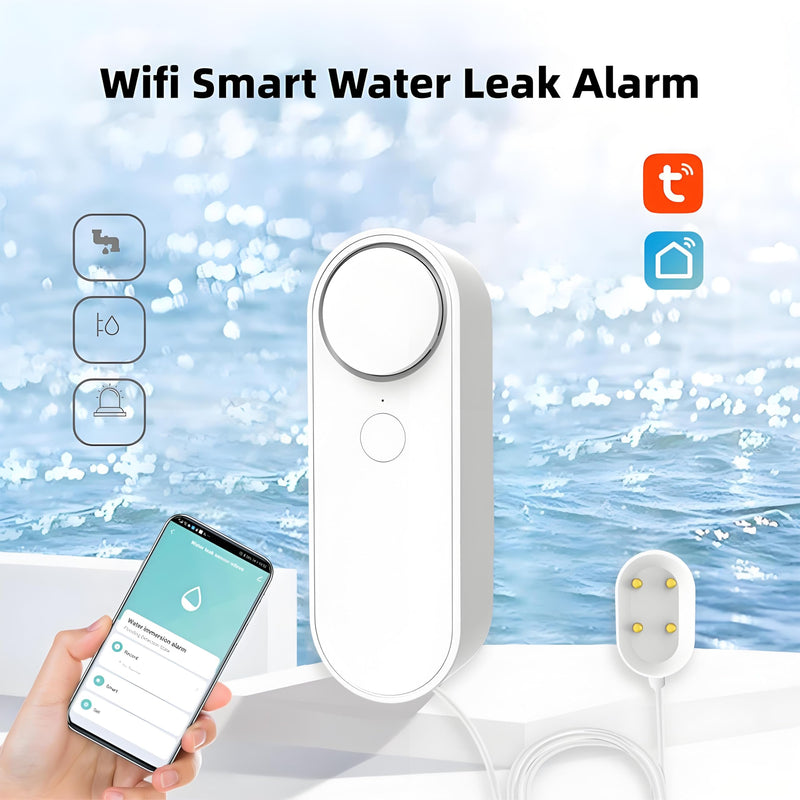 Lancoon WiFi Water Leak Detector with App Alerts Adjustable 100dB Alarm Smart Home Device with 6.5 Feet Detection Line for Basement Bathroom Pool Aquarium Water Leakage Probe