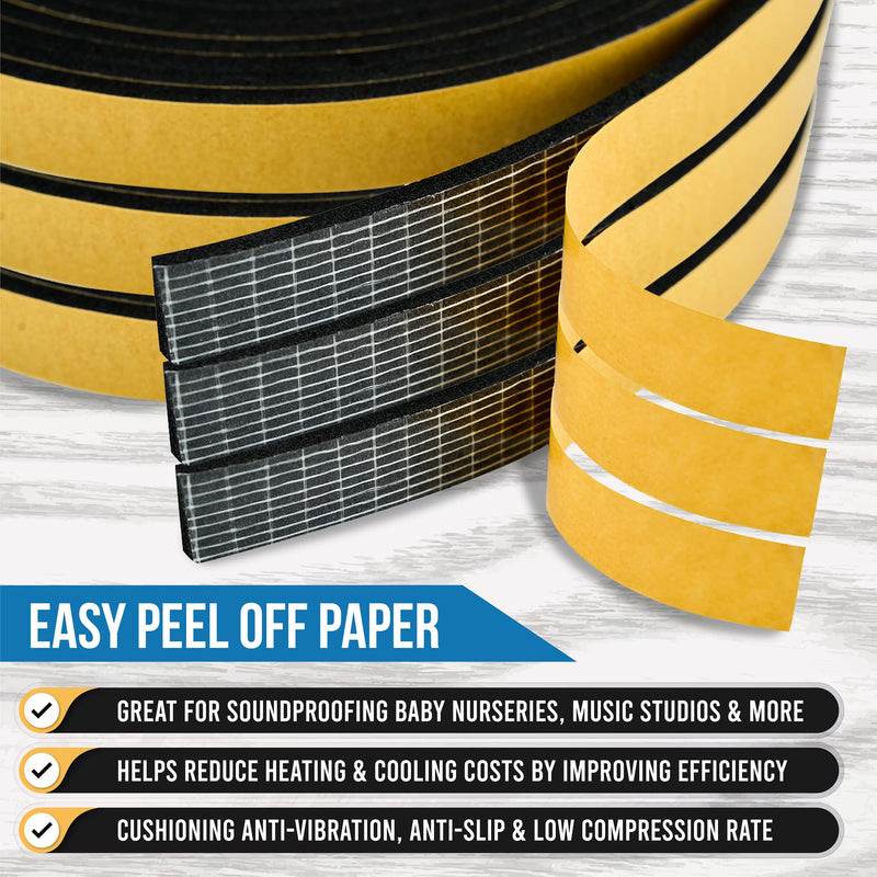 High Density Foam Weather Stripping Door Seal Strip Insulation Tape Roll for Insulating Door Frame, Window, Air Conditioner | Self Adhesive Sealing Weatherstrip (Black, 1 in x 1/4 in x 30 Ft) Black