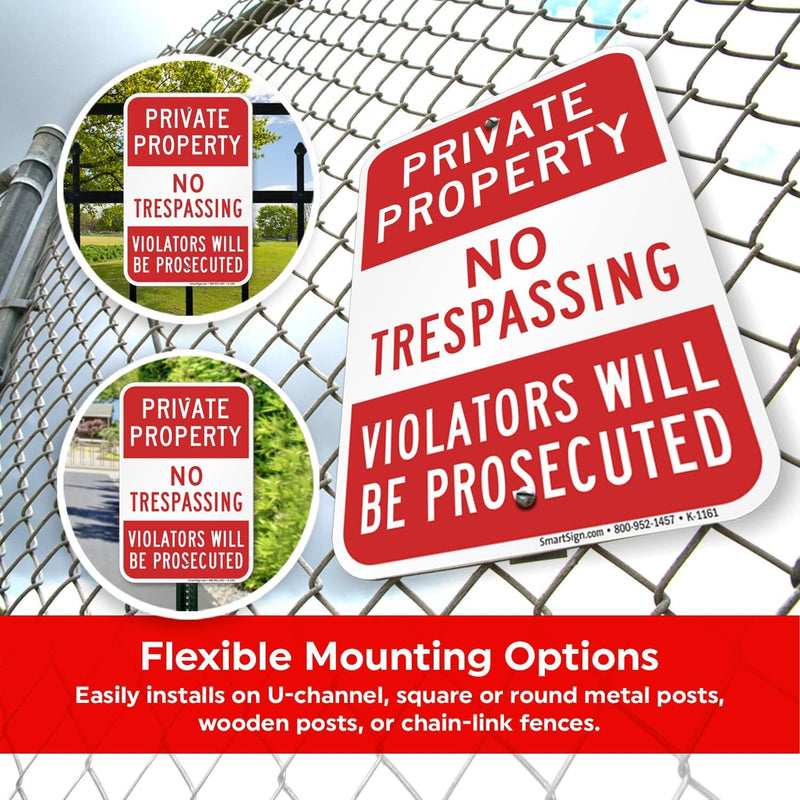 SmartSign Private Property No Trespassing Sign, Violators Prosecuted Sign, 12 x 18 Inches 3M High Intensity Grade Reflective Aluminum, USA Made 12" x 18"