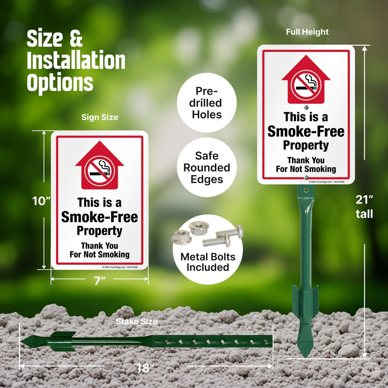 SmartSign This is A Smoke Free Property Sign, Thank You for Not Smoking for Yard | 10" x 7" Aluminum Sign & 21” Tall Stake Kit, Easy Installation