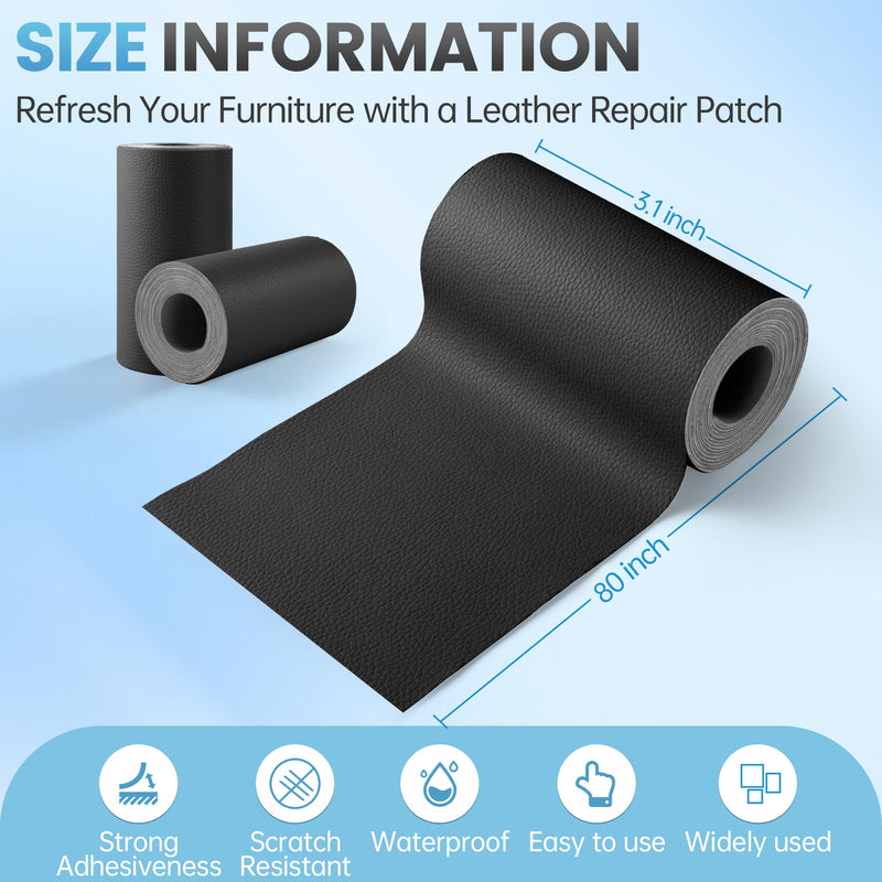 Leather Repair Patch Tape Kit, 3" x 80" Self Adhesive Leather Repair Patch for Furniture, Vinyl Kit for Car Seat, Chairs, Couch, Sofa, Boat Black 3" x 80"