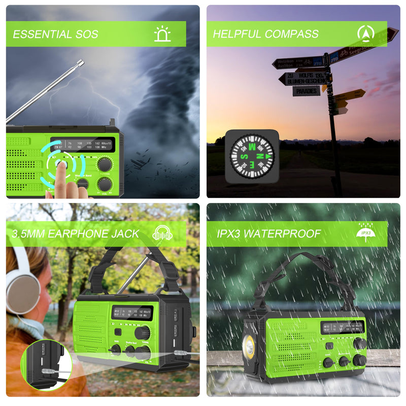 [Australia - AusPower] - Emergency Weather Radio,8000mAh AMFM NOAA Weather Alert Radio,Solar Hand Crank Powered Radio with Super Bright Flashlight,Phone Charger,SOS Alarm,Compass for Survival, Hurricane,Outdoor, Emergency Green 
