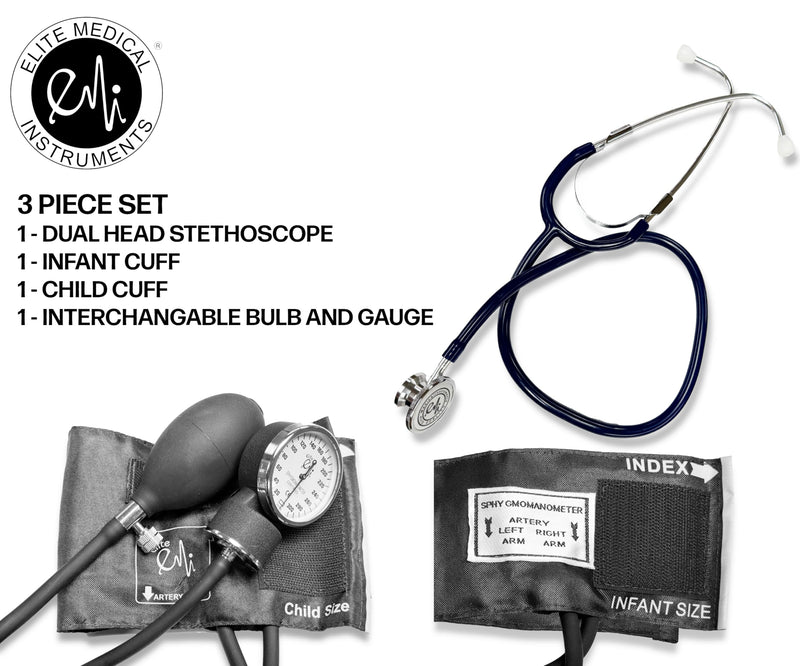 [Australia - AusPower] - EMI #311 Pediatric 3-Piece Combination Set – Includes Pediatric Aneroid Sphygmomanometer, Infant Aneroid Sphygmomanometer, and Basic Dual Head Stethoscope - Black 