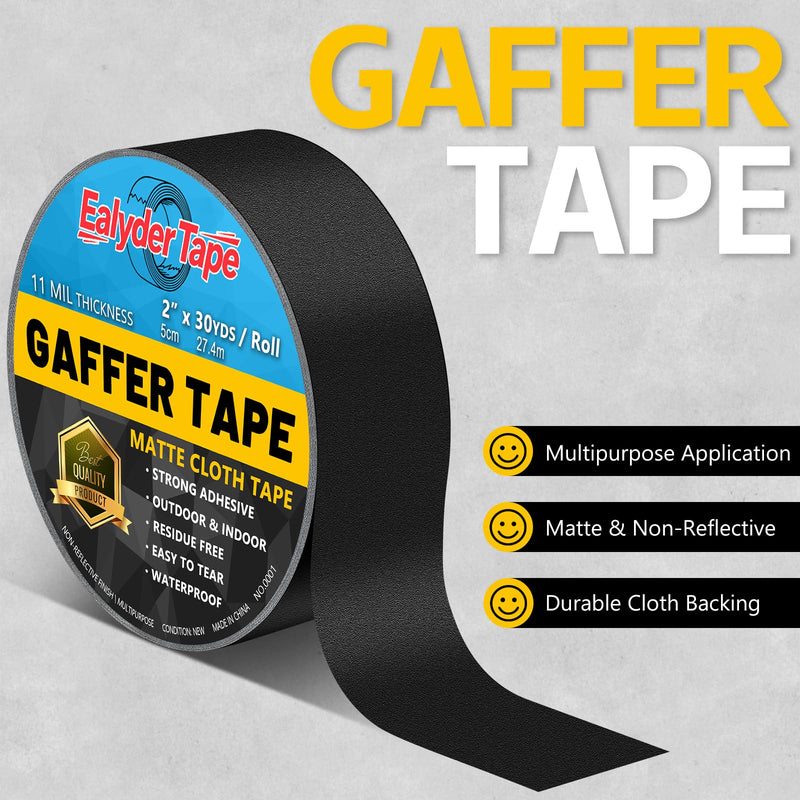 2 Pack Black Gaffers Tape 2 Inch x 30 Yards - Heavy Duty, Waterproof, No Residue, Non-Reflective, Easy Tear Gaffers Stage Tape - Multipurpose