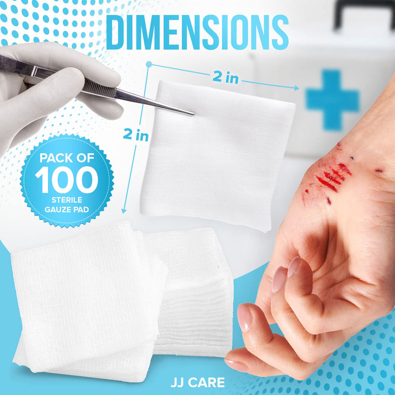 [Australia - AusPower] - JJ CARE Sterile Gauze Pads 2" x 2" (Pack of 100), 12-Ply Cotton Gauze Pads, Individually-Wrapped Sterile Gauze Sponges, 100% Woven, Non-Stick Medical Gauze Pads for First Aid Kit & Wound Care 2x2 Inch (Pack of 100) 