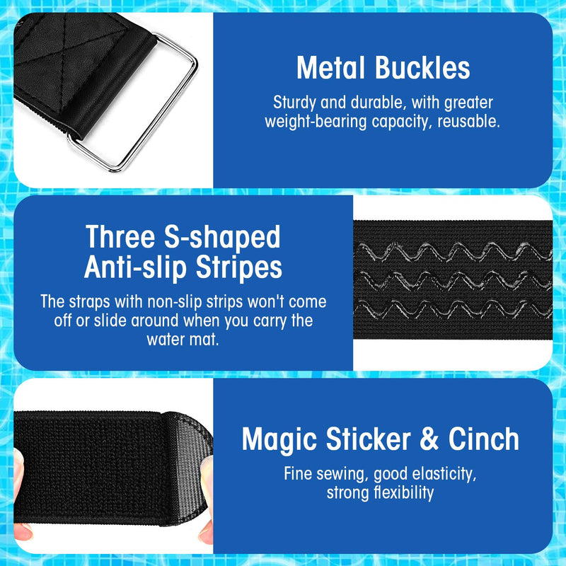 [Australia - AusPower] - 2Pcs 90 Inch Extra Long Floating Water Mat Straps, Water Pad Storage Straps with Anti-slip Strips, Reusable Metal Buckle Nylon Cinch Straps for Most Water Pad Mats, Black 