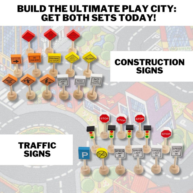 Attatoy Kids Wooden Street Signs Playset (14-Piece Set), Wood Traffic Signs Perfect for Car & Train Set 14 Piece Set