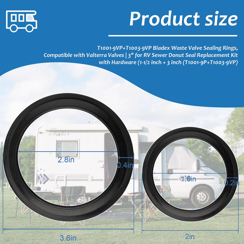 T1001-9VP+T1003-9VP Bladex Waste Valve Sealing Rings, Compatible with Valterra Valves | 3" for RV Sewer Donut Seal Replacement Kit with Hardware (1-1/2 inch + 3 inch (T1001-9P+T1003-9VP) 1-1/2 inch + 3 inch (T1001-7VP+T1003-9VP)
