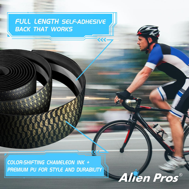 ALIEN PROS Set of 4 Black & Gold Chameleon Bike Handlebar Tape - Elevate Your Ride with Stylish, Comfortable, and Color-Shifting PU Tape for Enhanced Grip with These Bicycle Handle bar Tape