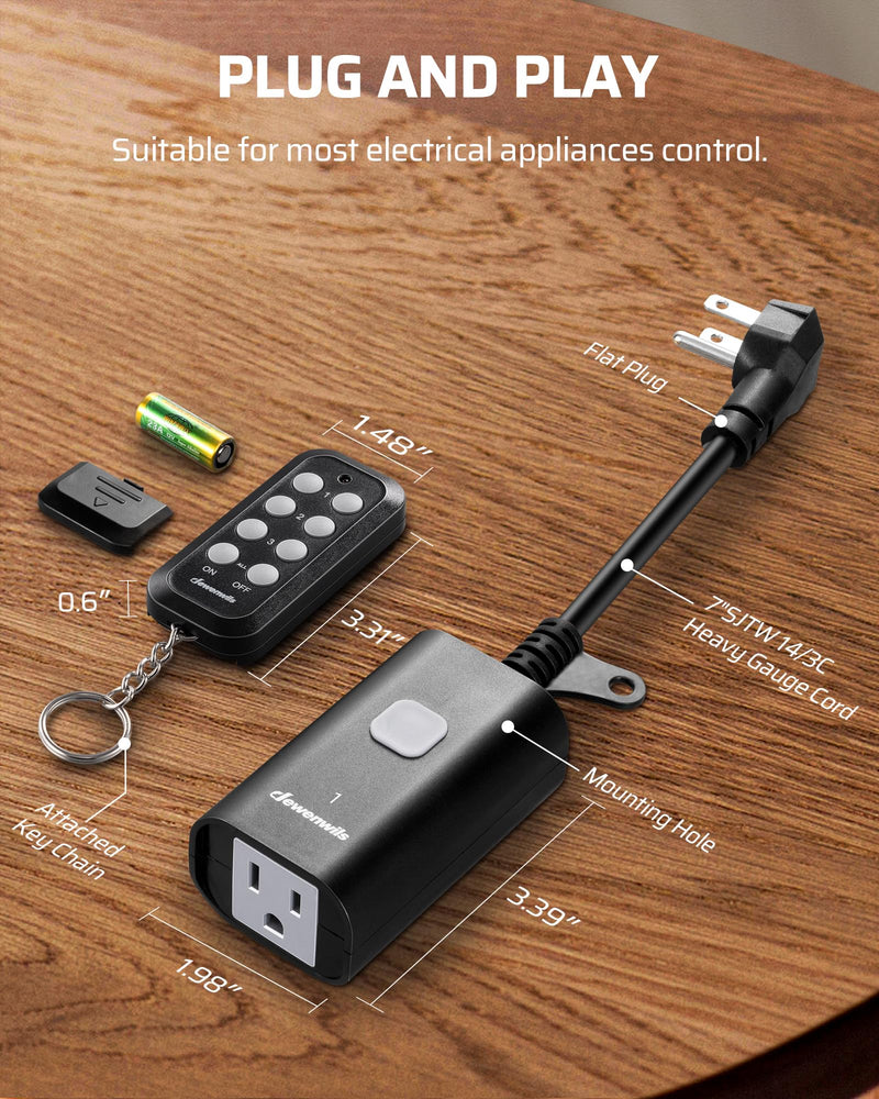 DEWENWILS Outdoor Remote Control Outlet, 15A Wireless Remote Control Switch, 100FT Control Range & 14AWG SJTW Power Cord, Weatherproof for Outdoor Appliances, 1 Remote Control+3 Outlets 3 Outlet Kit