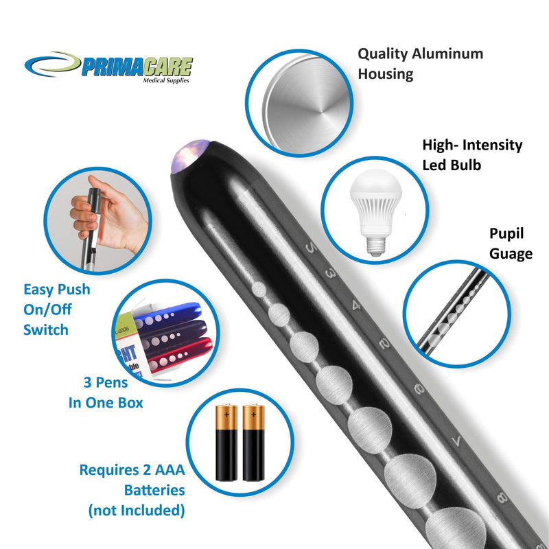 [Australia - AusPower] - Primacare DL-9326 Aluminum Diagnostic Reusable Penlights | Pupil Gauge | 6-Inch LED Medical Pen Light | Professional Medical Supplies for EMT, Nurses, Doctors, Dentists & Hospitals | Multicolor 3 Pack 
