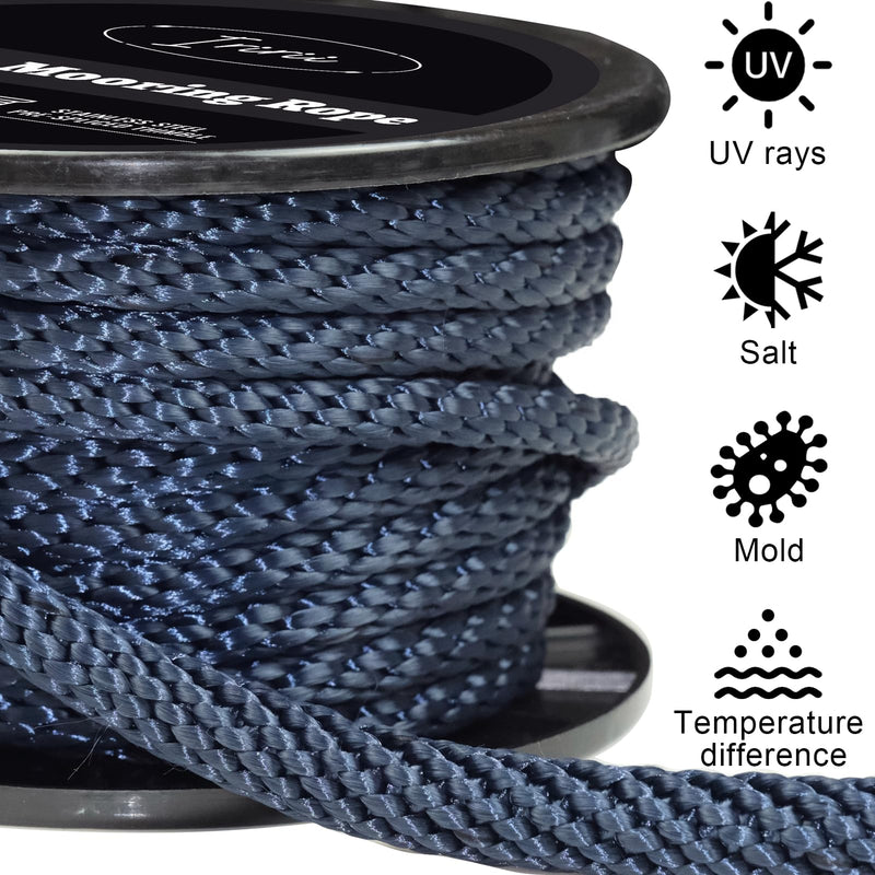 Double Braided Nylon Boat Anchor Rope 3/8inch with 316 Stainless Steel Thimble and Heavy Duty Snap Hook Marine Grade Anchor line Black (Navy Blue, 50Feet) Navy Blue