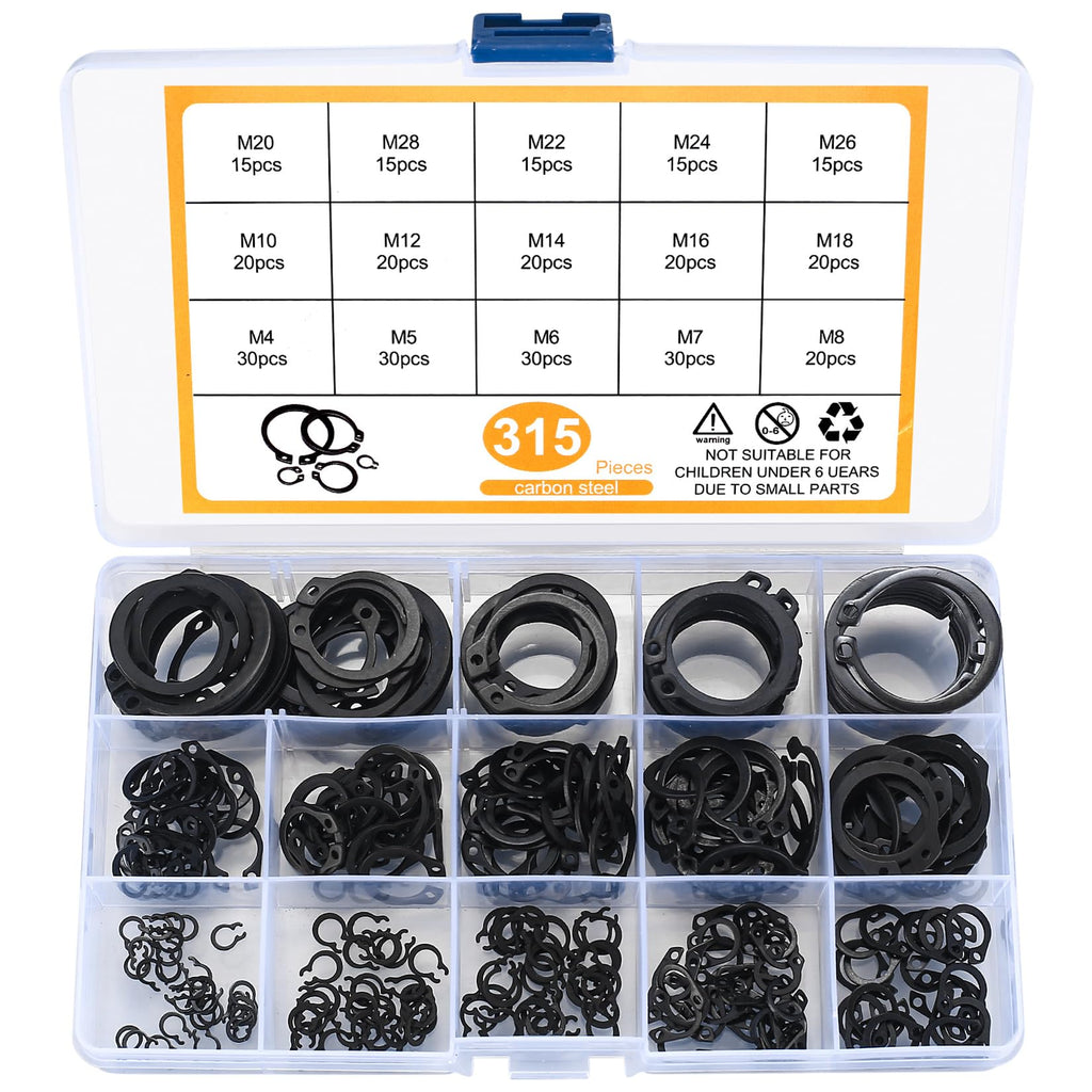 315 Pcs Snap Rings, External Retaining Rings Kit, C Clips Circlip Snap Retaining Rings Assortment Set, Secure Parts on Studs/Grooved Shafts/Pins, 15 Sizes (Alloy Steel, Black) Alloy Steel, Black