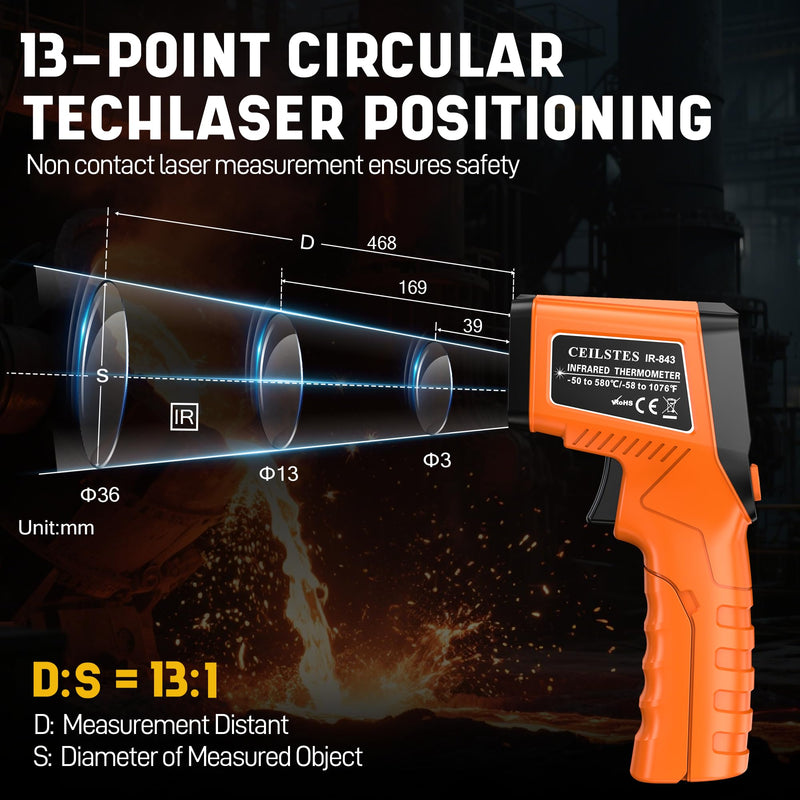 [Australia - AusPower] - Infrared Thermometer Gun, Infrared Temperature Gun for Cooking, Laser Thermometer Gun -58℉~1076℉ with Adjustable Emissivity & Max/Min, Suitable for Industry, ovens, HVAC (Not for Human) Orange 
