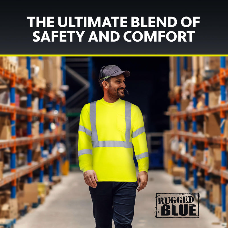 RUGGED BLUE Moisture Wicking High Vis Long Sleeve Shirt, ANSI Class 3 Rated High Visibility Work Shirt with Reflective Tape, 3X-Large