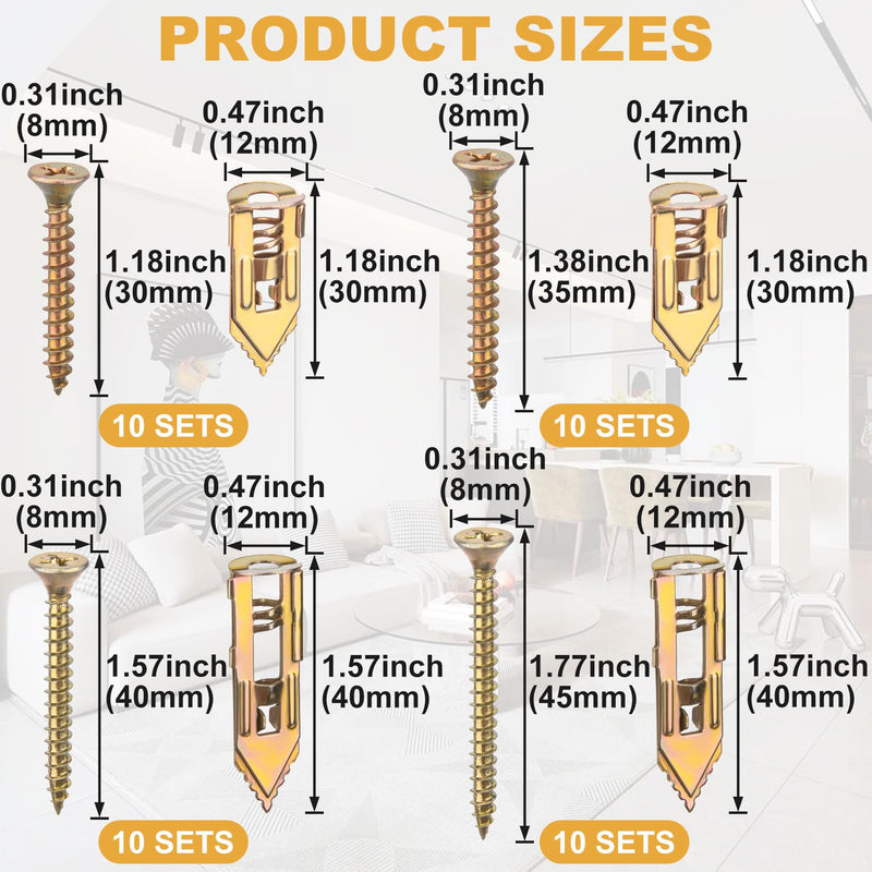 [Australia - AusPower] - PAGOW 80 Pcs Self-Drilling Anchors, Ancors and Screws for Heavy Duty, Metal Screw Anchors Kit, No Drill and Holes in Wall (4 Sizes) 