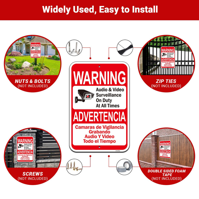 2 Pack Large Audio & Video Surveillance on Duty at All Times Bilingual Signs, 18"x12" Engineer Grade Rust Free Reflective Aluminum, Fade/Weather Resistant, UV Protected, Easy to Install