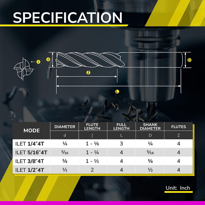 [Australia - AusPower] - SPEED TIGER Micrograin Carbide Square Long Flute End Mill - 1/2" Diameter 2" Flute Length, 4" OVL, 4 Flutes - ILET (1 Piece, 1/2") - for Alloy Steels, Hardened Steel & Metal– Mill Bits Sets 1/2 in 