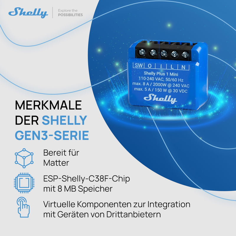 Shelly 1 Mini Gen3 - WLAN & Matte Smart Relay Switch, 1 Channel, 8 A, Potential-Free Contact, Light Switch, Garage Door Opener, Heating, Smart Home, Timer Switch, No Hub Required, Alexa, Google Shelly 1 Mini Gen 3 1 Stück