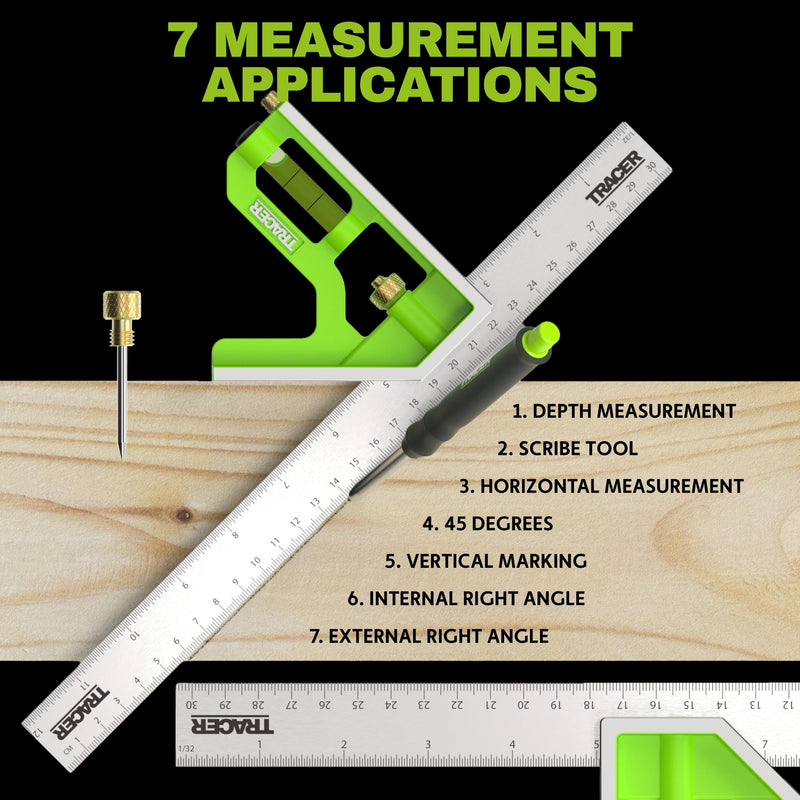 TRACER 12 Inch Combination Square with Level | Adjustable Square Tool for Woodworking Carpenter | Metric & Imperial Ruler Stainless Steel Combo Square | Escuadras de Carpintero | Built in Scribe Tool
