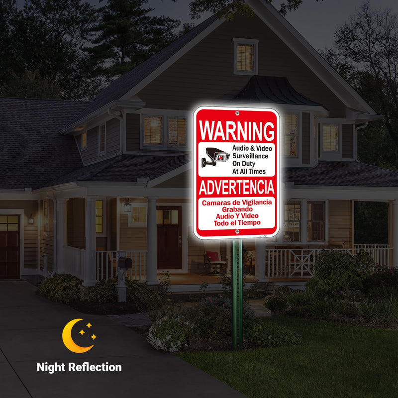 2 Pack Large Audio & Video Surveillance on Duty at All Times Bilingual Signs, 18"x12" Engineer Grade Rust Free Reflective Aluminum, Fade/Weather Resistant, UV Protected, Easy to Install