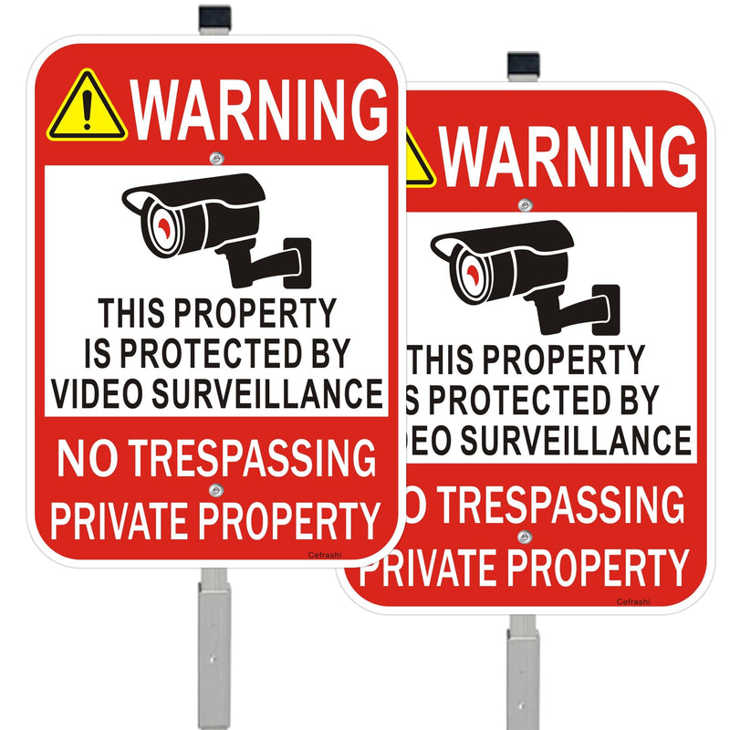 2 Pack Large No Trespassing Private Property Sign Video Surveillance Sign with 36" Stake for Outside, 14"x10" .040 Rust Free Heavy Aluminum, Reflective, Waterproof, Weatherproof and Fade Resistant 2 Pack-10"x14"-with Stake