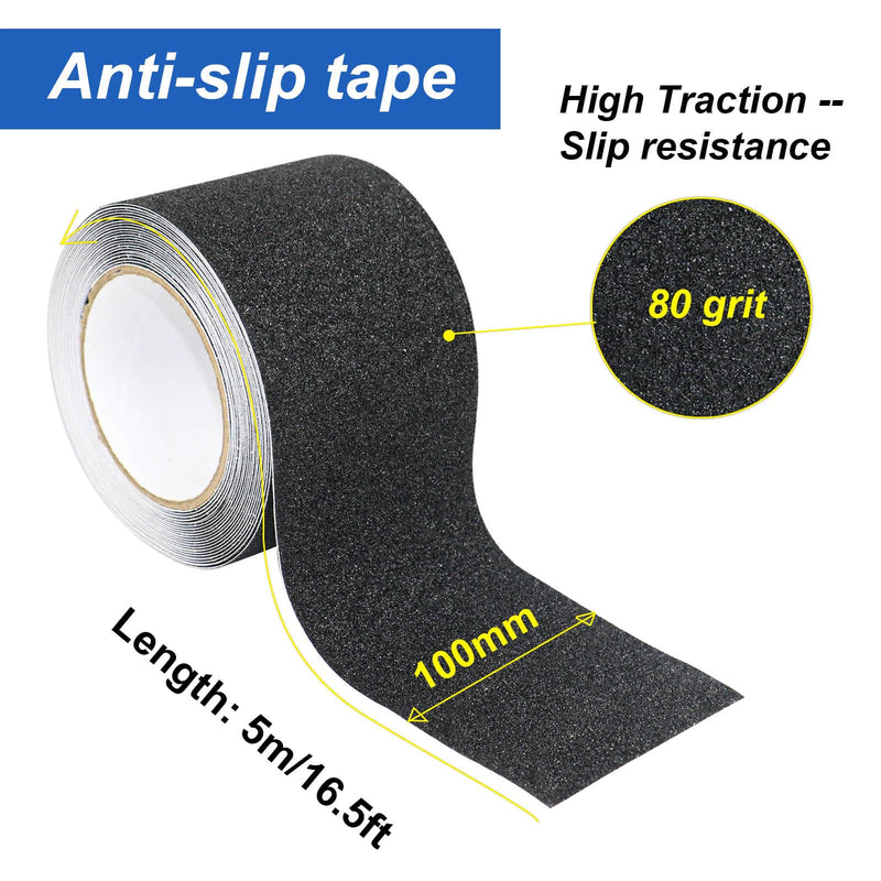 BOMEI PACK Anti Slip Traction Tape, 4 Inch x 16 Foot - Best Grip, Friction, Abrasive Adhesive for Stairs, Tread Step, Indoor, Outdoor (4" X 16') (Black) Black