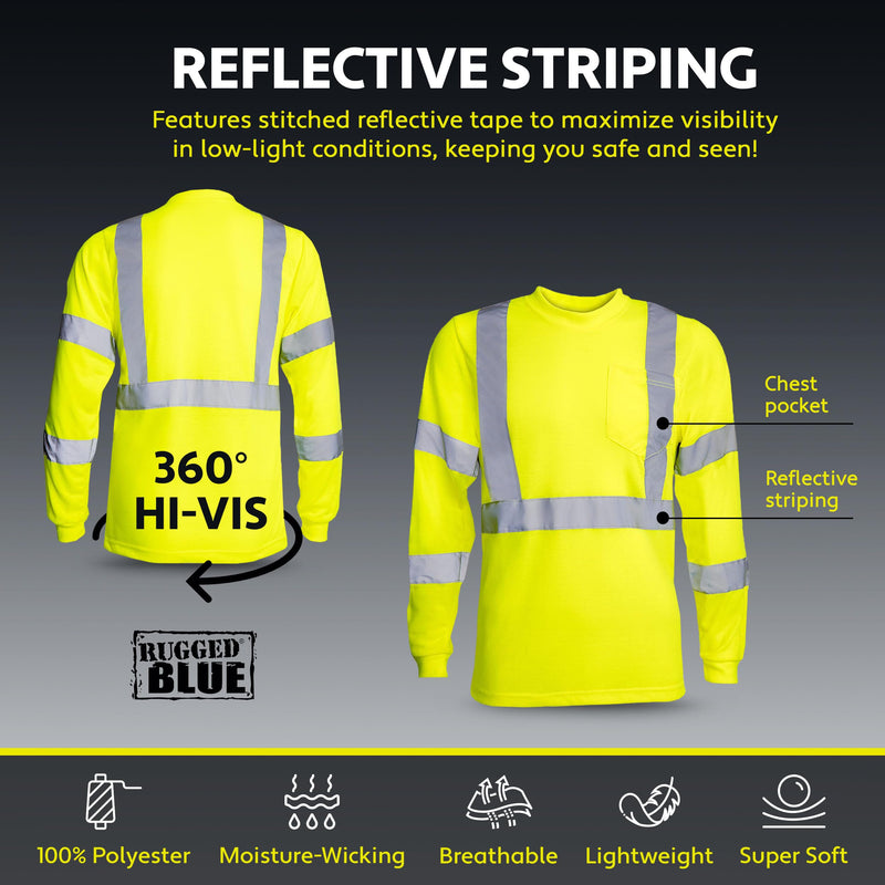 RUGGED BLUE Moisture Wicking High Vis Long Sleeve Shirt, ANSI Class 3 Rated High Visibility Work Shirt with Reflective Tape, 3X-Large
