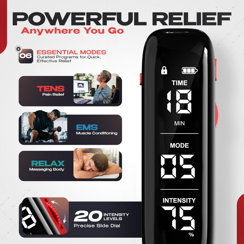 NEOCARBON TENS Unit Muscle Stimulator Slim for Pain Relief, Physical Therapy & Muscle Recovery, Portable EMS Pulse Massager Machine for Back, Neck & Shoulder Pain, Red