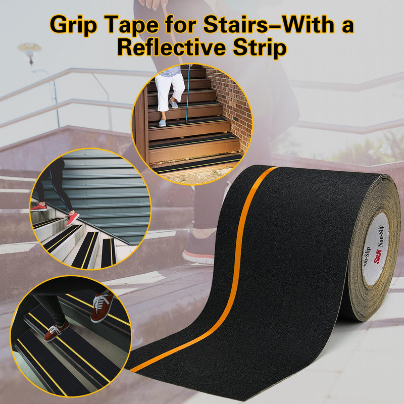 S&X Heavy Duty Anti Slip Tape 6 Inch x 60 Ft, 2X Longer Enhanced Adhesive Grip Tape with Reflective Strip, Outdoor Stair Treads Non-Slip for Steps Ramps Boats Decks Long-Lasting 6" X 60' Black/Reflective