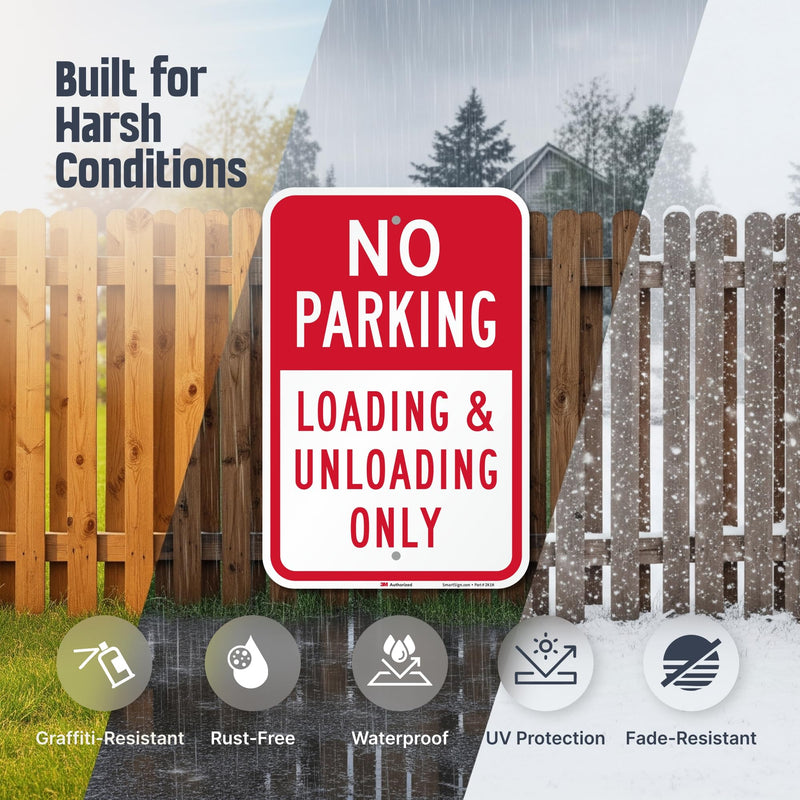 SmartSign 18 x 12 inch “No Parking - Loading And Unloading Only” Metal Sign, 63 mil Aluminum, 3M Laminated Engineer Grade Reflective Material, Red and White, Made in USA 12" x 18" - EG Reflective Aluminum