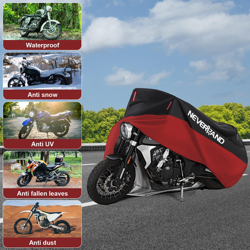 [Australia - AusPower] - NEVERLAND Motorcycle Cover Waterproof Outdoor, 300D Motorcycle Cover Heavy Duty Outdoor All Season Protection, Universal Motorbike Cover with Night Reflective, Lock-Holes, Storage Bag (Up to 86") L 