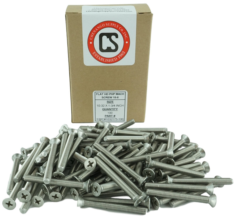 Stainless 10-32 x 1-3/4" (1/2" to 2" Lengths Available) Flat Head Machine Screws, Full Thread, Phillips Drive, Stainless Steel 18-8, Machine Thread (10-32 x 1-3/4") 10-32 x 1-3/4"