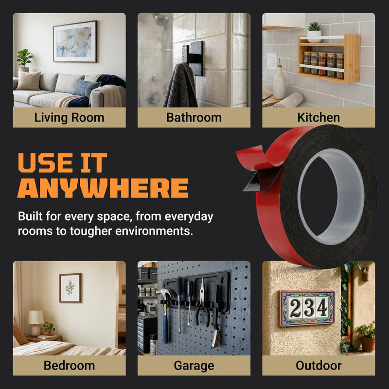 TOOLTROOPERS Wall-Safe Double-Sided Mounting Tape - Heavy-Duty 2-Sided Adhesive Tape - Damage-Free Removal, No Residue - Easy-Peel Liner for Home, Office, DIY, Posters & Signs – 16.4 ft Roll (Black)