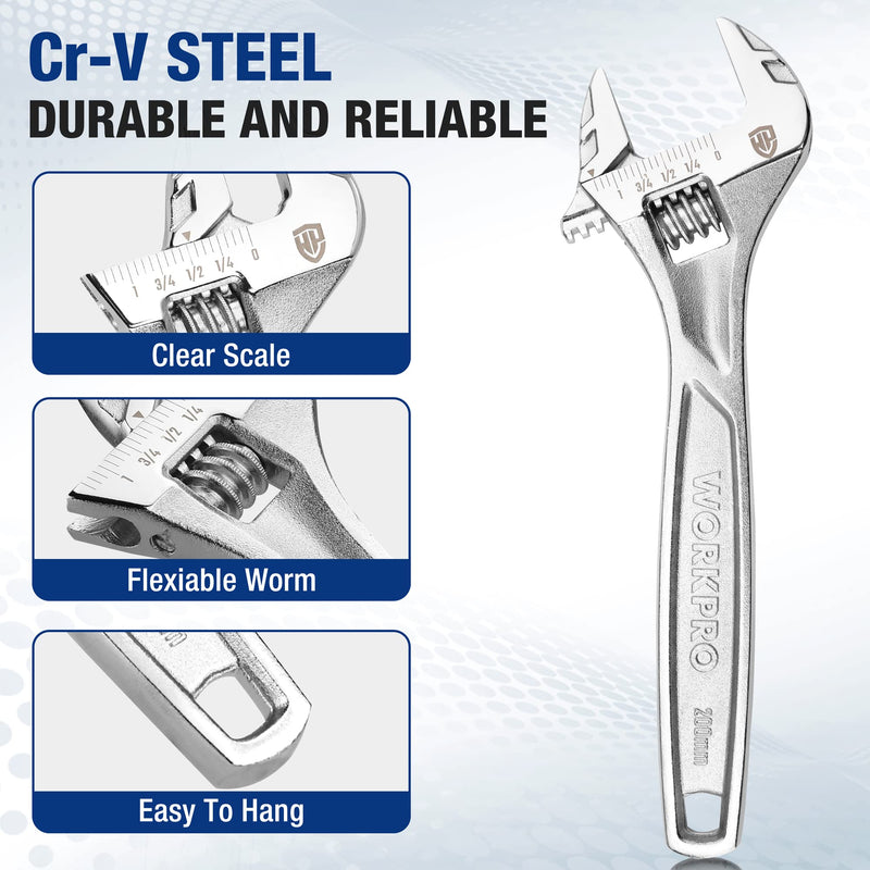 WORKPRO Adjustable Wrench, 8-inch Heavy Duty Spanner with Inch/Metric Scale, Premium Cr-V Steel, Chrome Plated 8 Inch