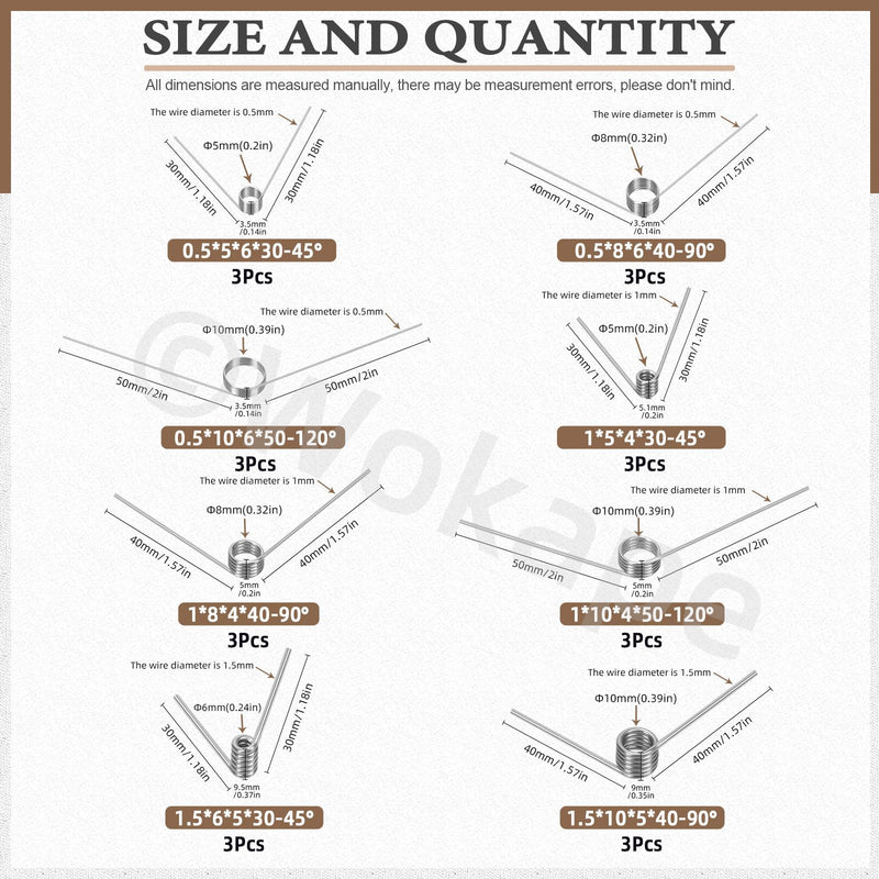 [Australia - AusPower] - 45pcs 15 Sizes Stainless Steel Tiny Torsion Spring Set, 0.5/1 /1.5/2 /2.5mm Wire Diameter 45°& 90°& 120°Torsion Spring for Woodworking Maintenance and DIY 