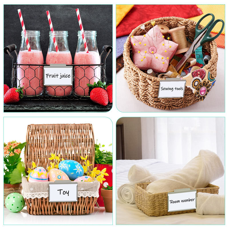 Basket Bin Labels Clips Label Holders Stainless Label Holders Removable Metal Bin Clips with Replacement Papers for Labeling, Classification, Induction (12 Pack) 12