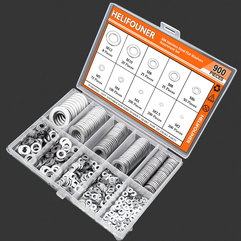 [Australia - AusPower] - 900 Pieces 304 Stainless Steel Flat Washers for Screws Bolts, HELIFOUNER Assorted Kit, Lock Metal Washers (M2 M2.5 M3 M4 M5 M6 M8 M10 M12) Silver 