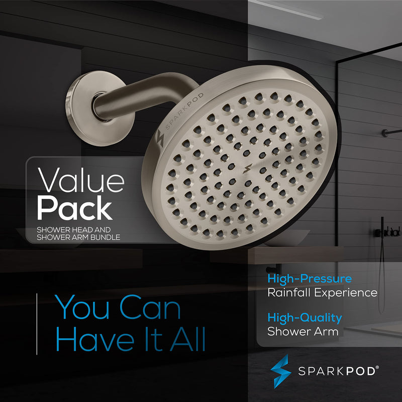 SparkPod 6" Rain Shower Head With 6" Shower Arm - High Pressure Rainfall Experience - No Hassle Tool-less 1-Min Installation - Enjoy Energy Saving Longer Hot Showers - Gain Space & Style - Durability Shower Head + 6 Inch Shower Arm
