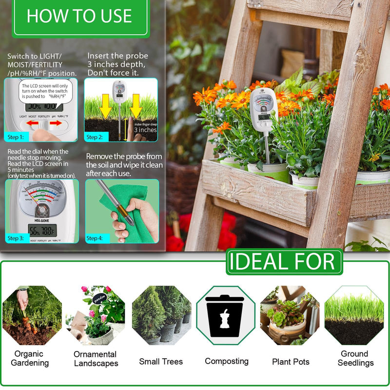 [Australia - AusPower] - HSLGOVE Soil Test Kit, 7-in-One Soil Moisture Meter/Soil PH Meter/Fertility, Dual Screen Soil Tester w/Digital Soil Temp/Air Temp&Humidity for Plants Gardening,Lawn,Farm Indoor&Outdoor-Lvory White LvoryWhite 