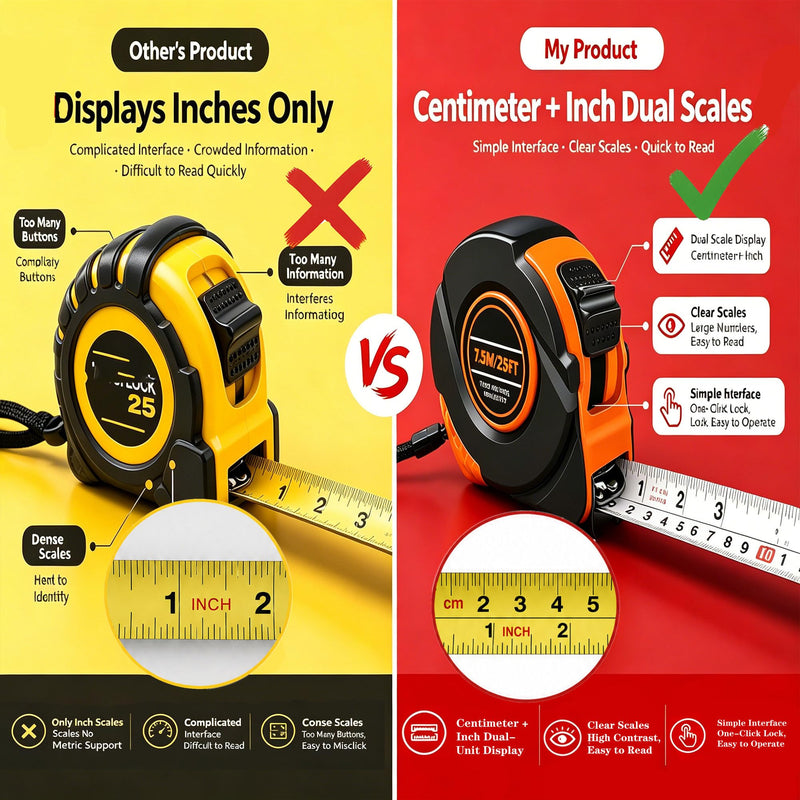 25FT Tape Measure, Inch & CM Dual Scale Self-Locking Heavy Duty Steel Measuring Tape, Easy to Read Markings, Professional Measuring Tool for Engineers, Construction Workers & Decorators (Red) (Orange) Orange