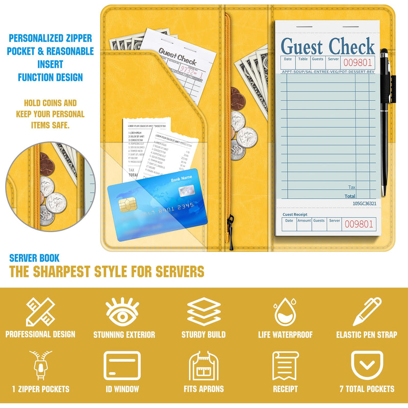 [Australia - AusPower] - BVYA Server Book for Waitress, 5x9 Inch Server Book with Zipper Pocket, Unique Printed Leather Server Wallet Organizer Fit Waitress Apron, With A Pen New Yellow 