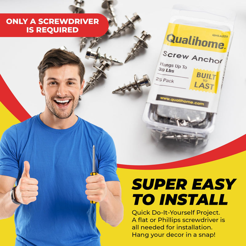 [Australia - AusPower] - QUALIHOME Double-Headed Wall Screw Anchors - Drywall Screw & Anchor in One for Items up to 30 Lbs. - Bear Claw Mounting Screws for D-Rings/Sawtooth/Wire/Keyholes - Hang Pictures/Mirrors (Pack of 25) 