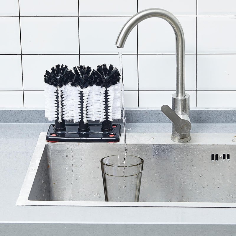 [Australia - AusPower] - Havawish 1 Pack Water Bottle Cleaning Brush with Suction Base, 3 Head Bristle Bar Glass Washer for Sink, Cup Washer Brush Cleaner for Bar Beer Cup, Wine Glass, Long Leg Kitchen Tools 