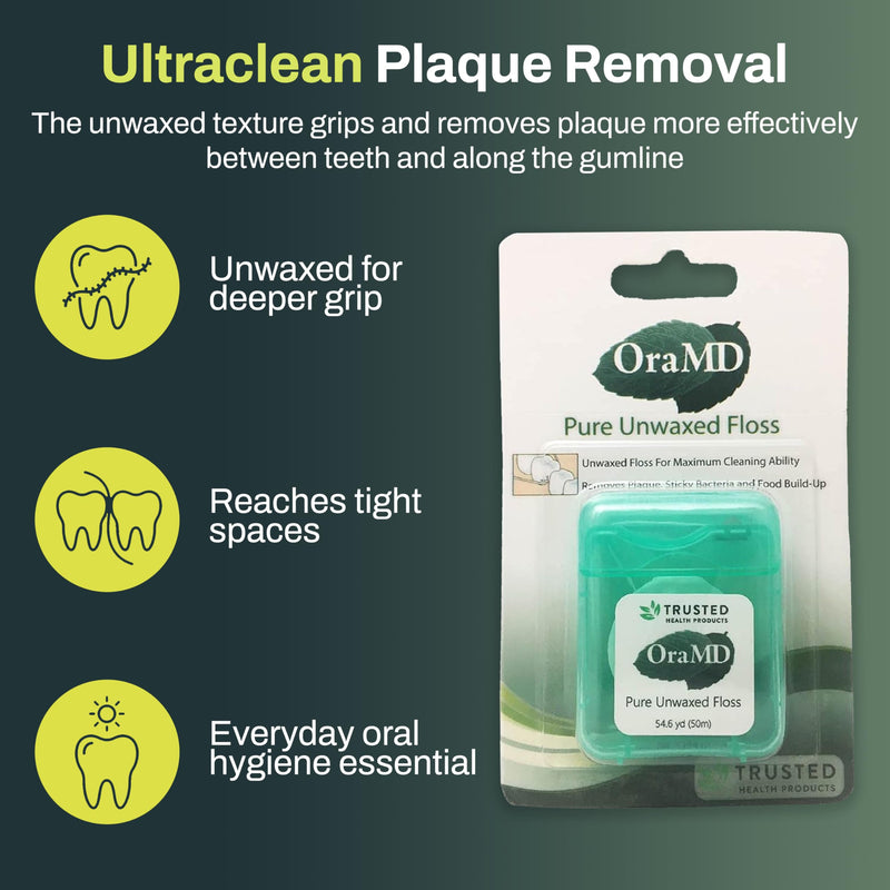OraMD Oral Care Pure Unwaxed Dental Floss 54.6 Yards - PFAS-Free, Chemical Free, Shred Resistant - Unscented and Ultraclean Plaque Removal - Teeth and Gum Protection for Adults - Pack of 6 Six Dental Floss
