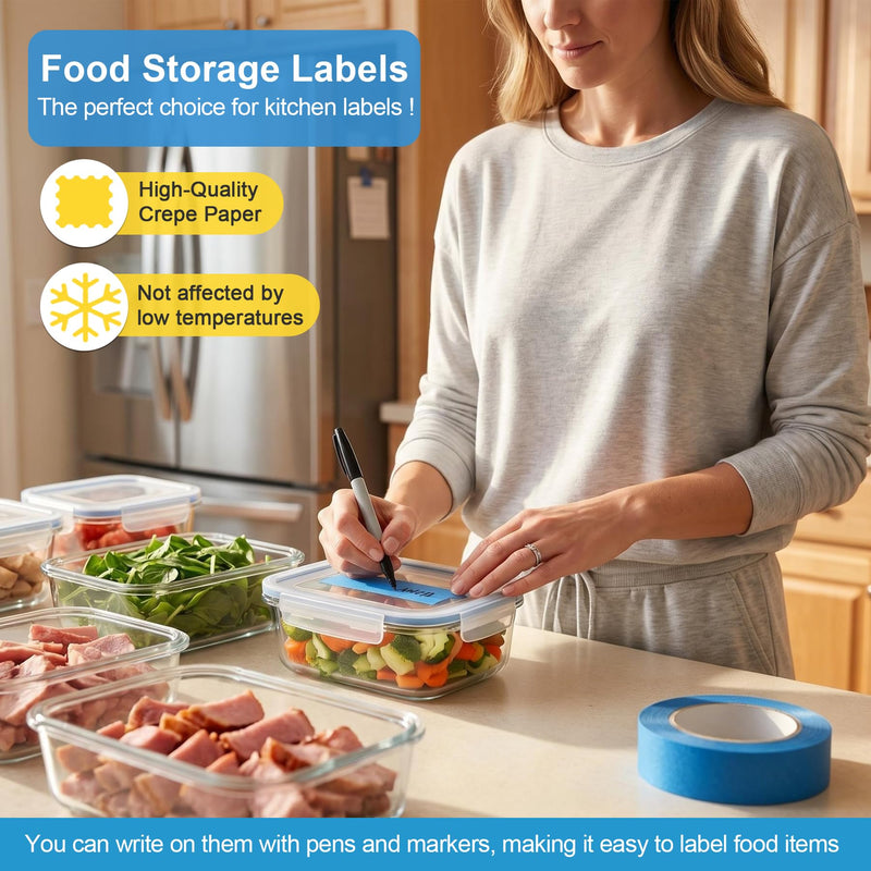 Freezer Tape for Food Labeling, 2 Rolls (0.47” & 0.95”), Writable Kitchen Label Tape, Easy Tear, Residue-Free Removal, Low Temperature Resistant, Ideal for Food Containers & Freezer Use (Light Blue) Light Blue